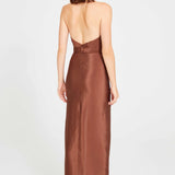 Brown Halter Neck Maxi Dress With Drape And High Slit Details