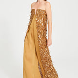 Gold Strapless Jumpsuit With Dripping Sequin Details