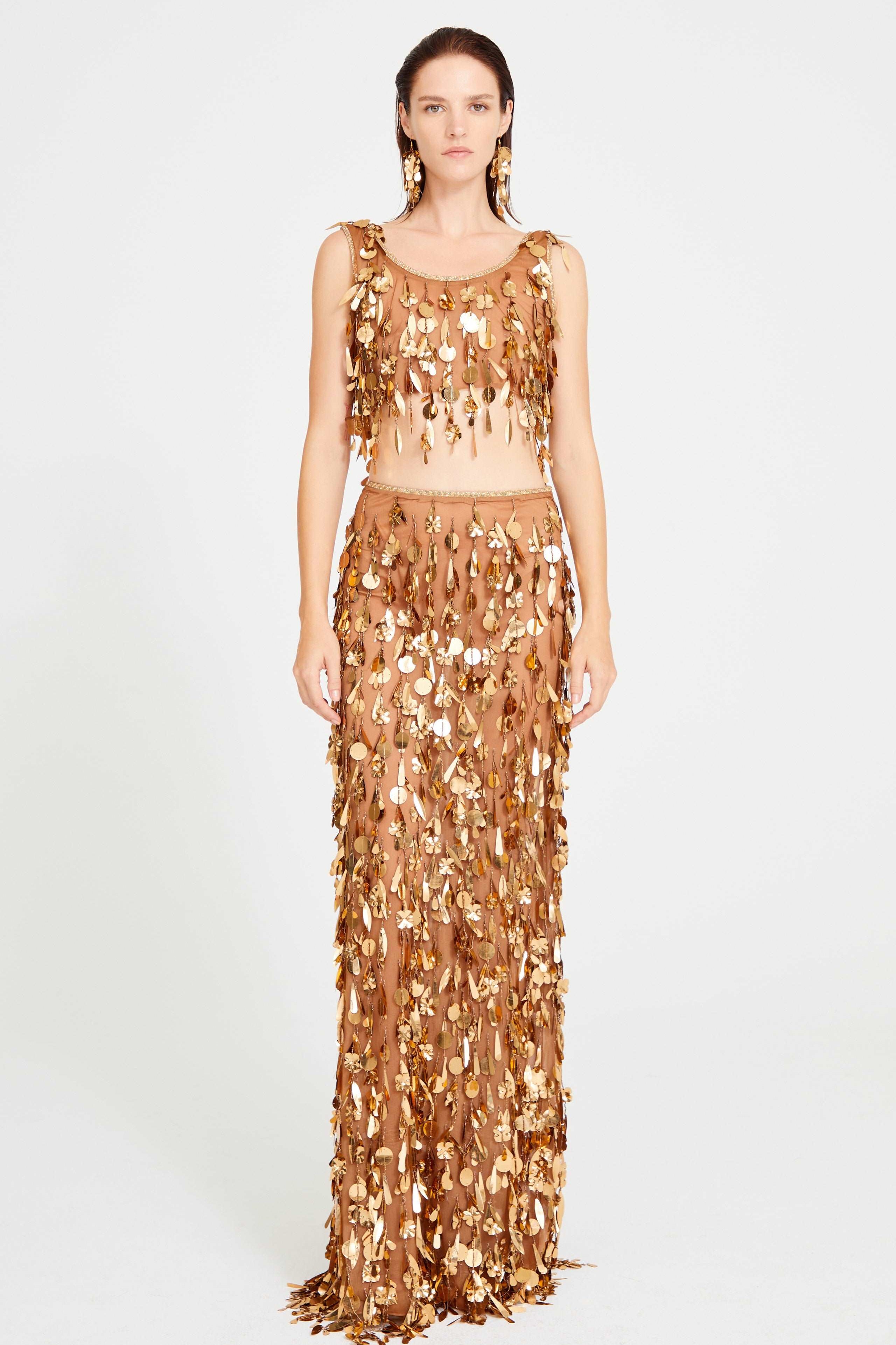 Bronze Beaded Tulle Maxi Skirt With Dripping Gold Sequin And Embroidery Details