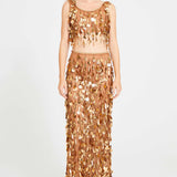 Bronze Beaded Tulle Crop Top With Dripping Gold Sequin And Embroidery Details