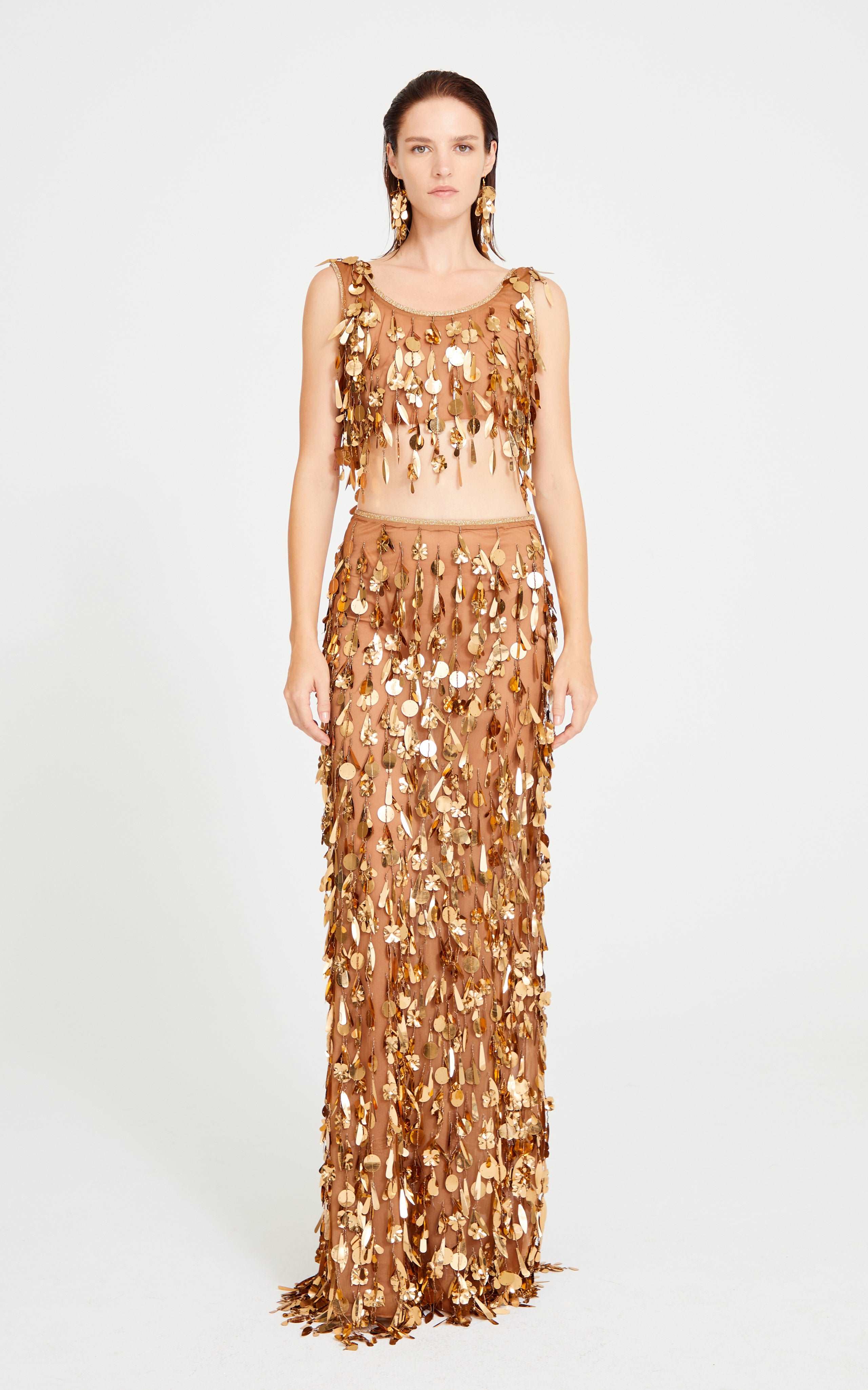 Bronze Beaded Tulle Crop Top With Dripping Gold Sequin And Embroidery Details