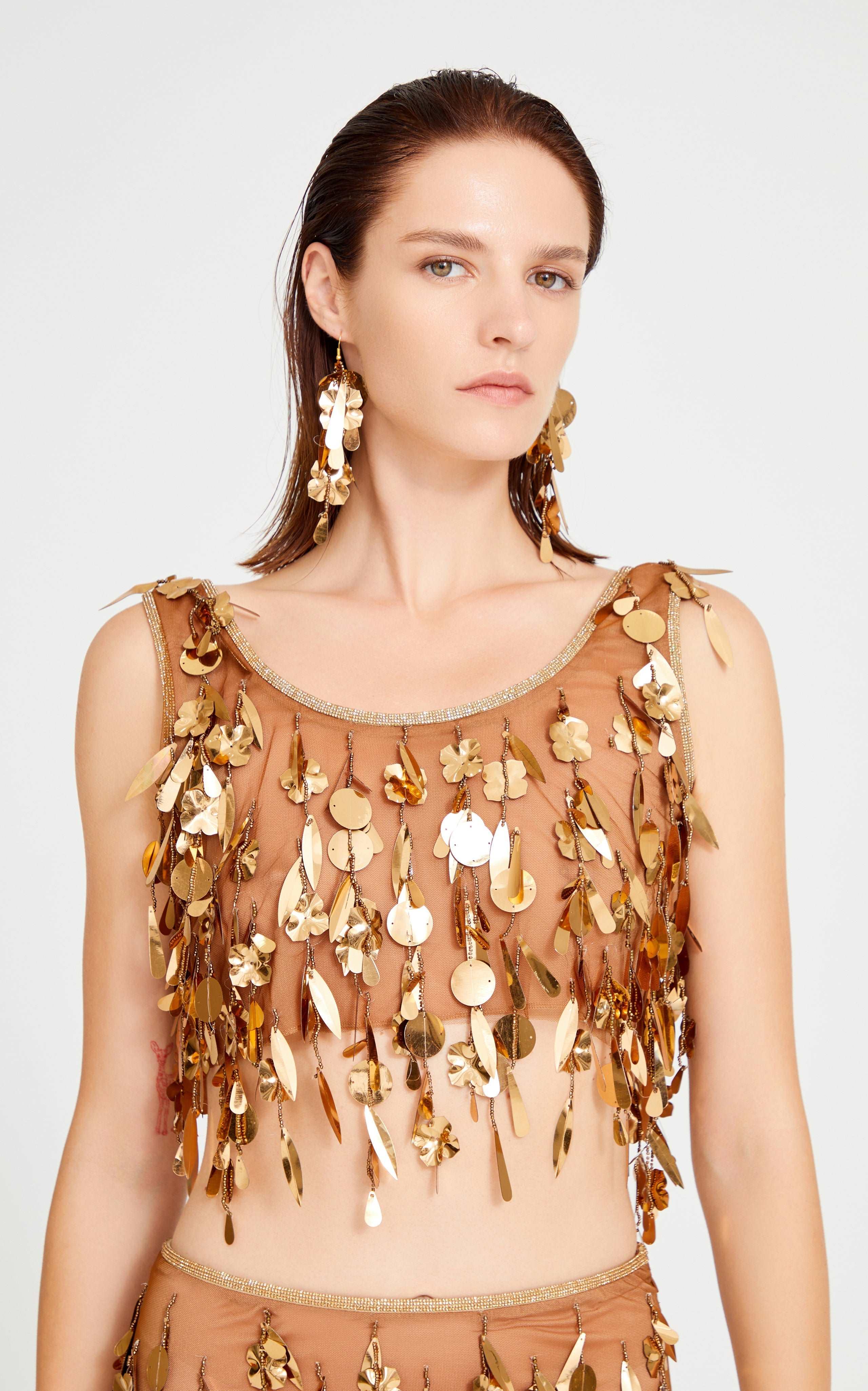 Bronze Beaded Tulle Crop Top With Dripping Gold Sequin And Embroidery Details