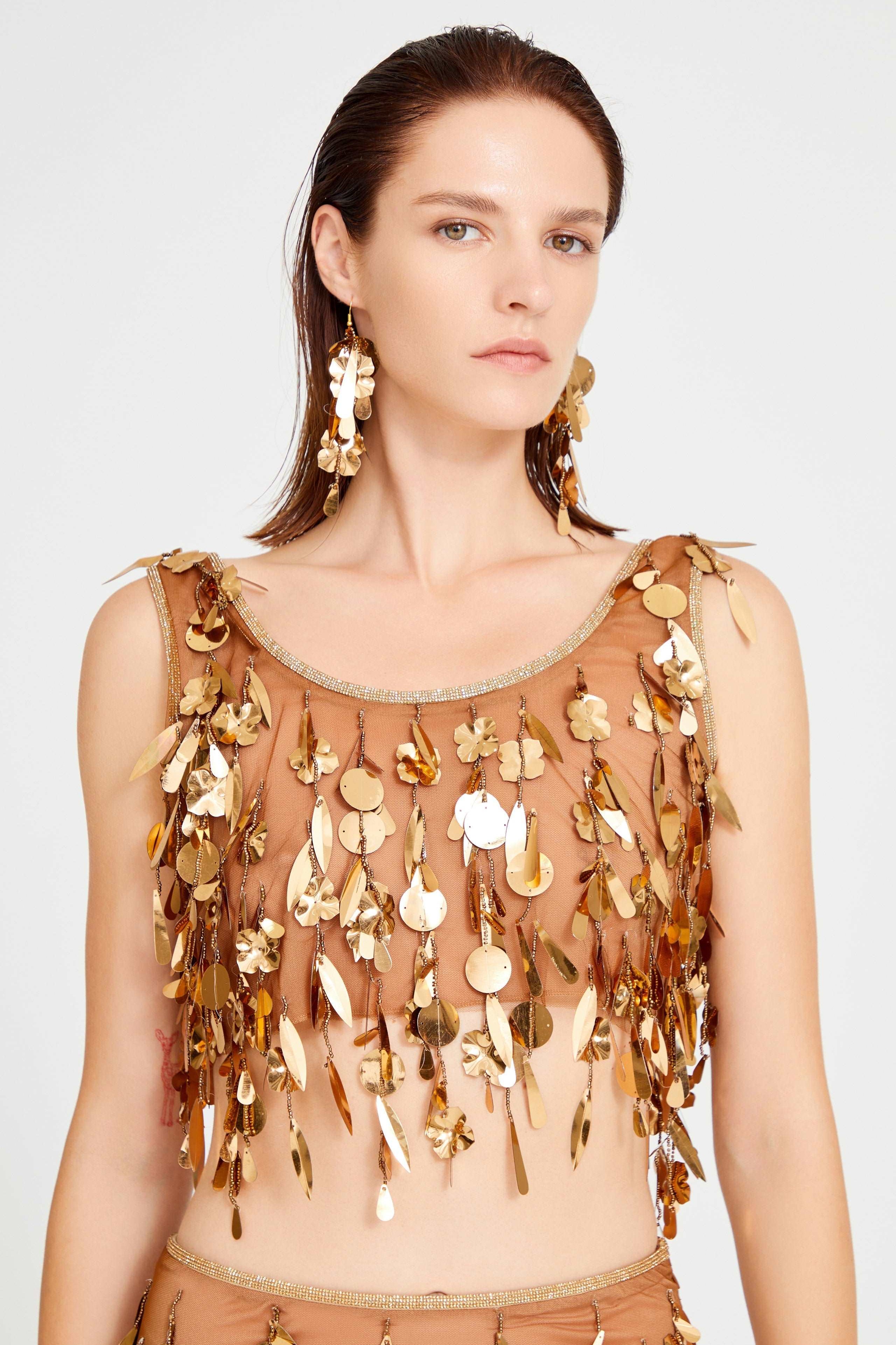 Bronze Beaded Tulle Maxi Skirt With Dripping Gold Sequin And Embroidery Details