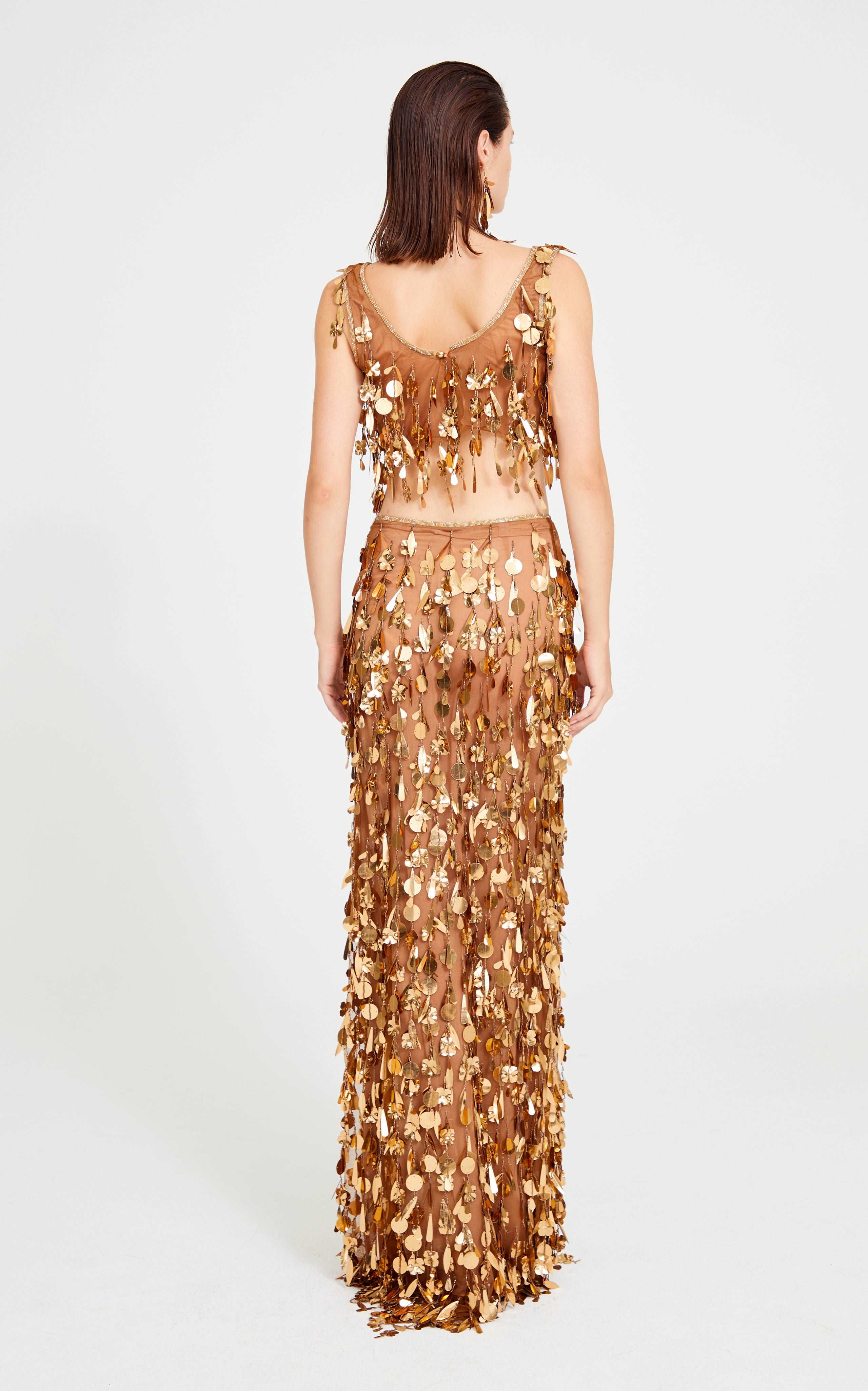 Bronze Beaded Tulle Crop Top With Dripping Gold Sequin And Embroidery Details