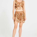 Bronze Beaded Tulle Mini Skirt With Dripping Gold Sequin And Embroidery Details