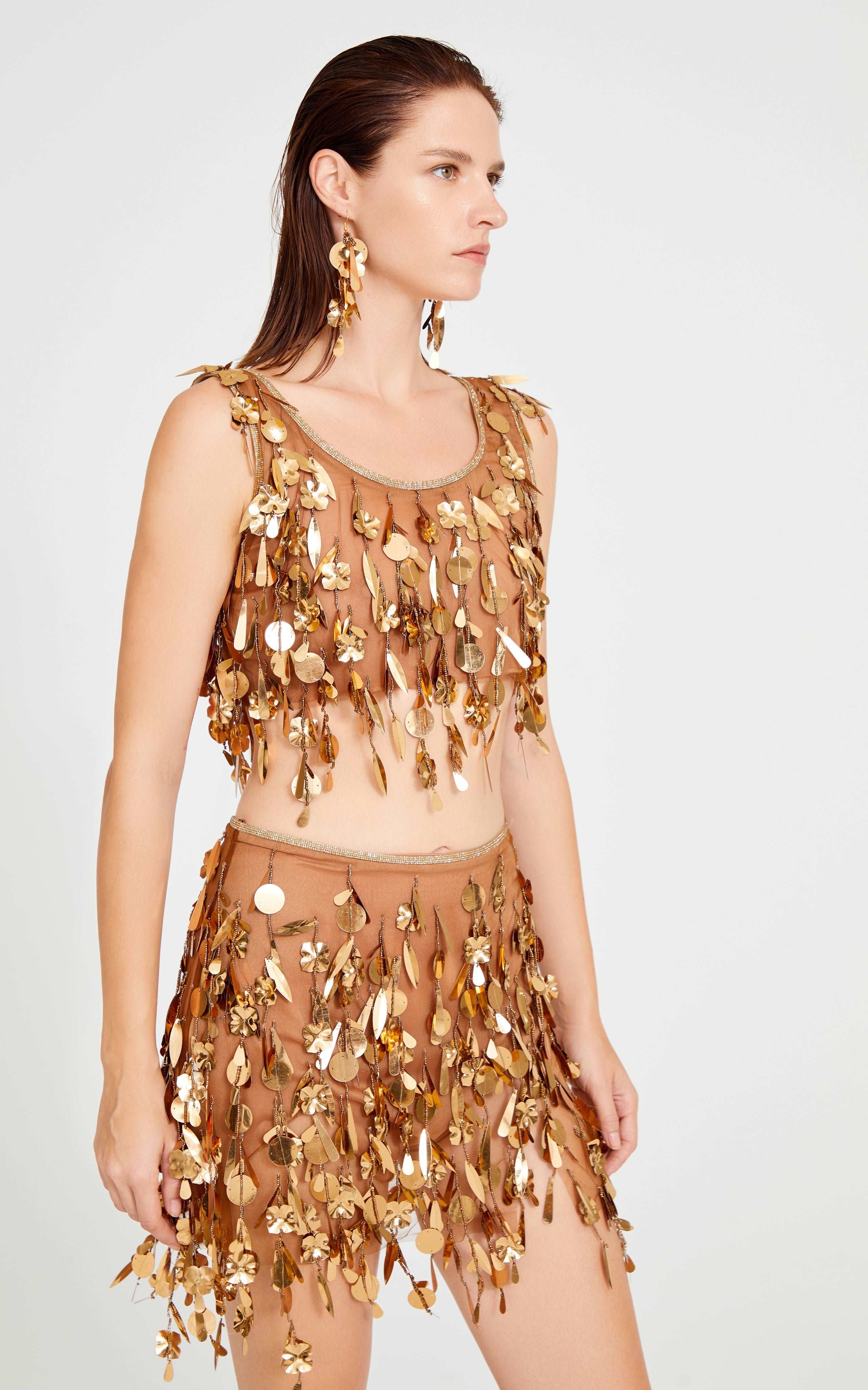 Bronze Beaded Tulle Crop Top With Dripping Gold Sequin And Embroidery Details