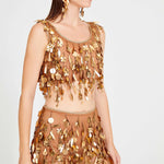 Bronze Beaded Tulle Mini Skirt With Dripping Gold Sequin And Embroidery Details