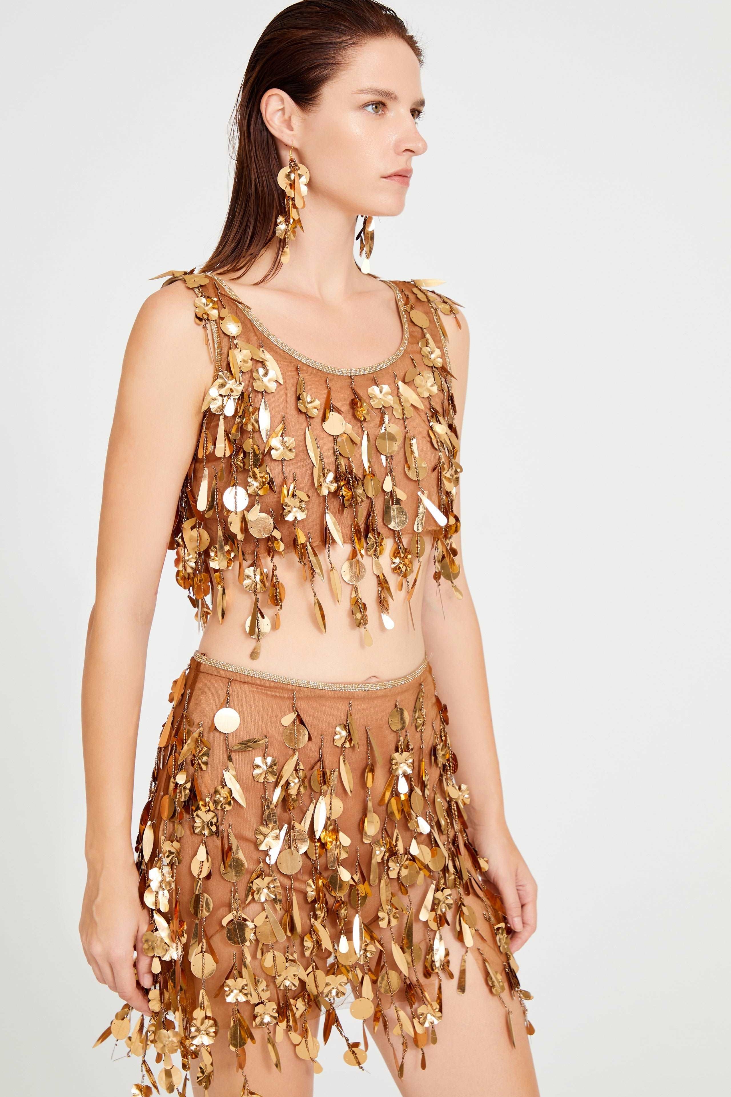 Bronze Beaded Tulle Mini Skirt With Dripping Gold Sequin And Embroidery Details