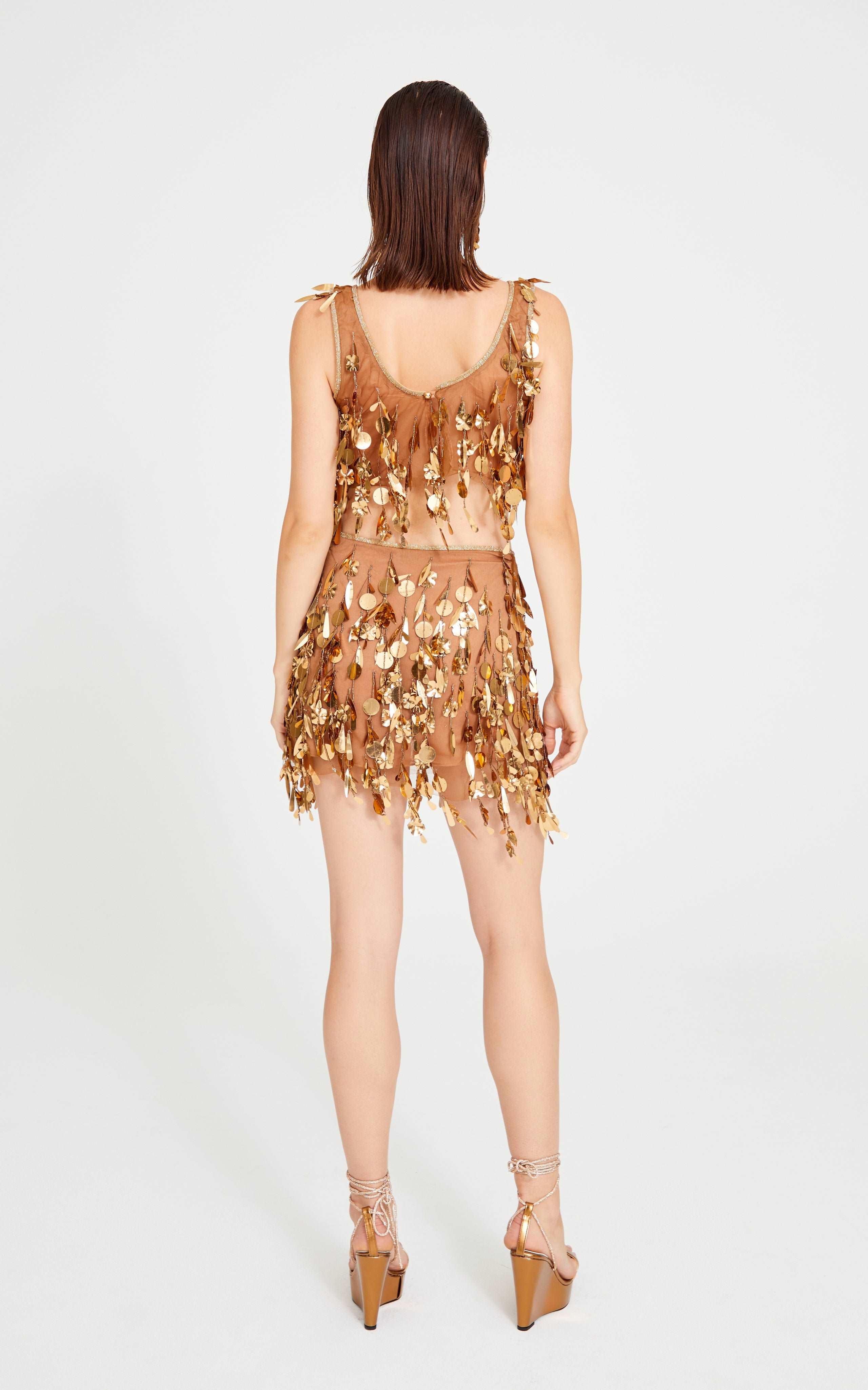 Bronze Beaded Tulle Mini Skirt With Dripping Gold Sequin And Embroidery Details