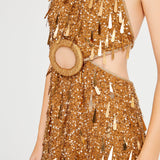 Gold Halter Neck Mini Dress with Dripping Sequin and Embroidery Details