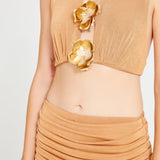 Tan Halter Neck Crop Top With Gold Flower Details