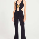 Black Jumpsuit With Gold Lining And Flower Details