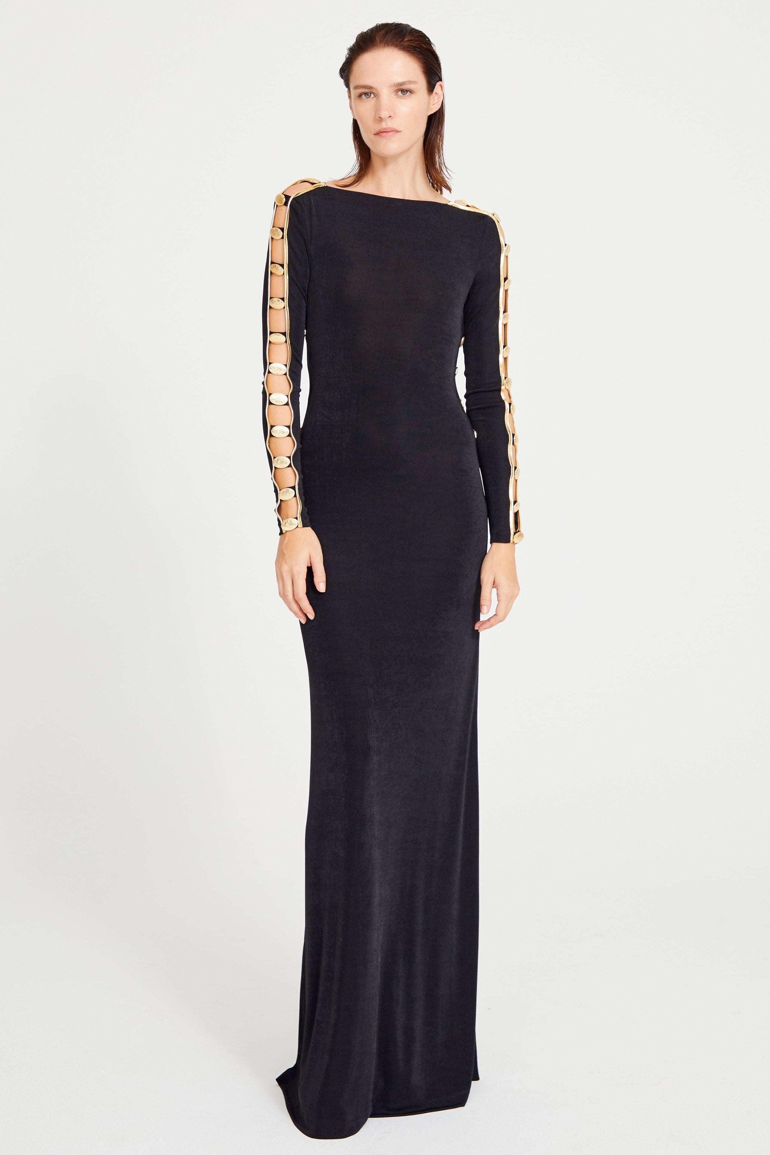 Black Maxi Dress With Cut Out And Gold Accessory Details