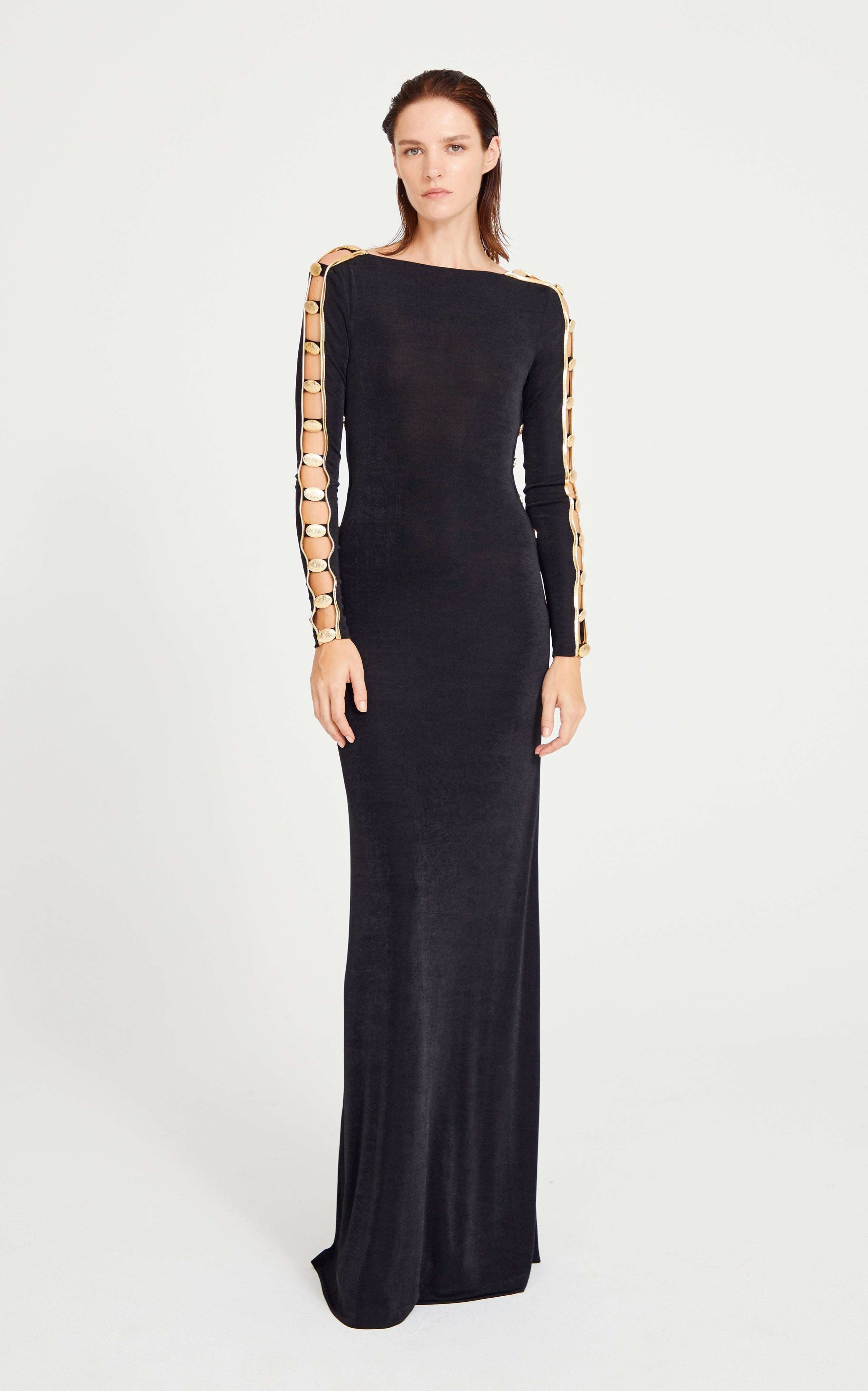 Black Maxi Dress With Cut Out And Gold Accessory Details