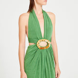 Green Halter Neck Maxi Dress With Cut Out And Gold Sequin Details