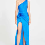 Blue One Shouldered Maxi Dress With Embroidery And Flower Details