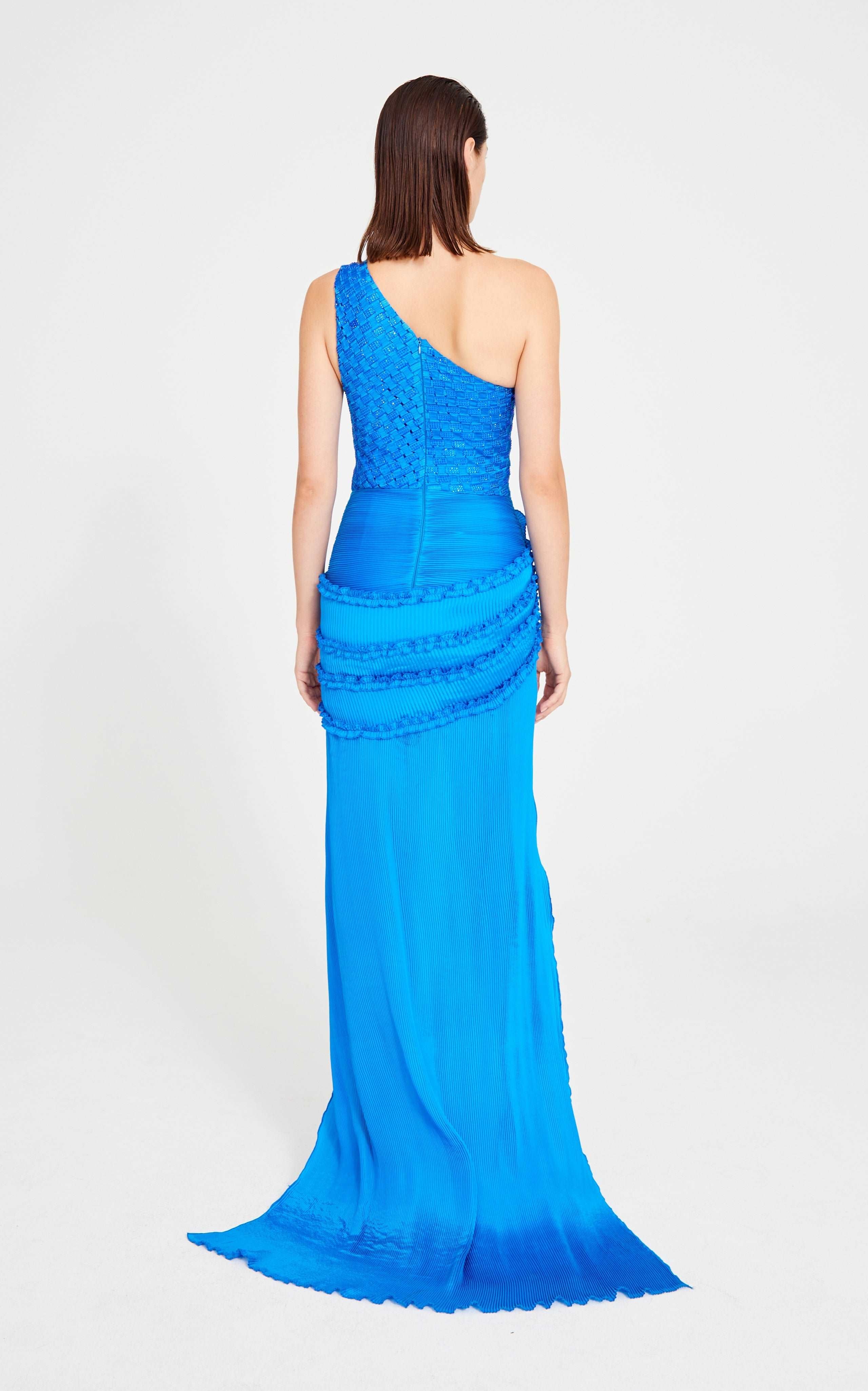 Blue One Shouldered Maxi Dress With Embroidery And Flower Details