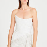 White Embroidery Striped Mini Dress With Corset And Drape Details