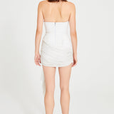 White Embroidery Striped Mini Dress With Corset And Drape Details