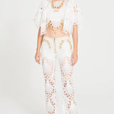 White Lace Pants With Gold Eyelet Details