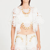 White Lace Pants With Gold Eyelet Details