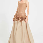 Beige Maxi Dress With Corset And Flower Details