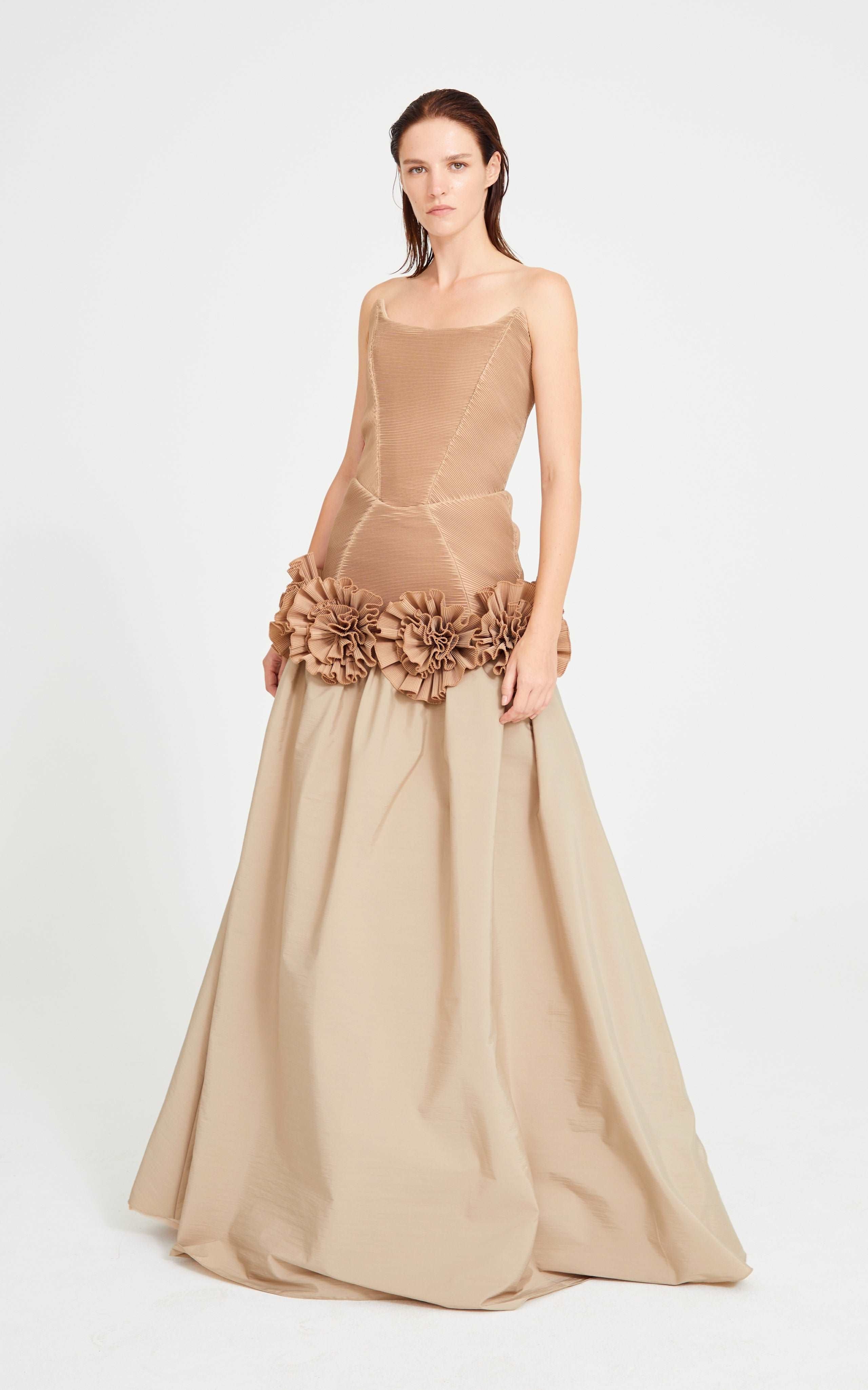 Beige Maxi Dress With Corset And Flower Details