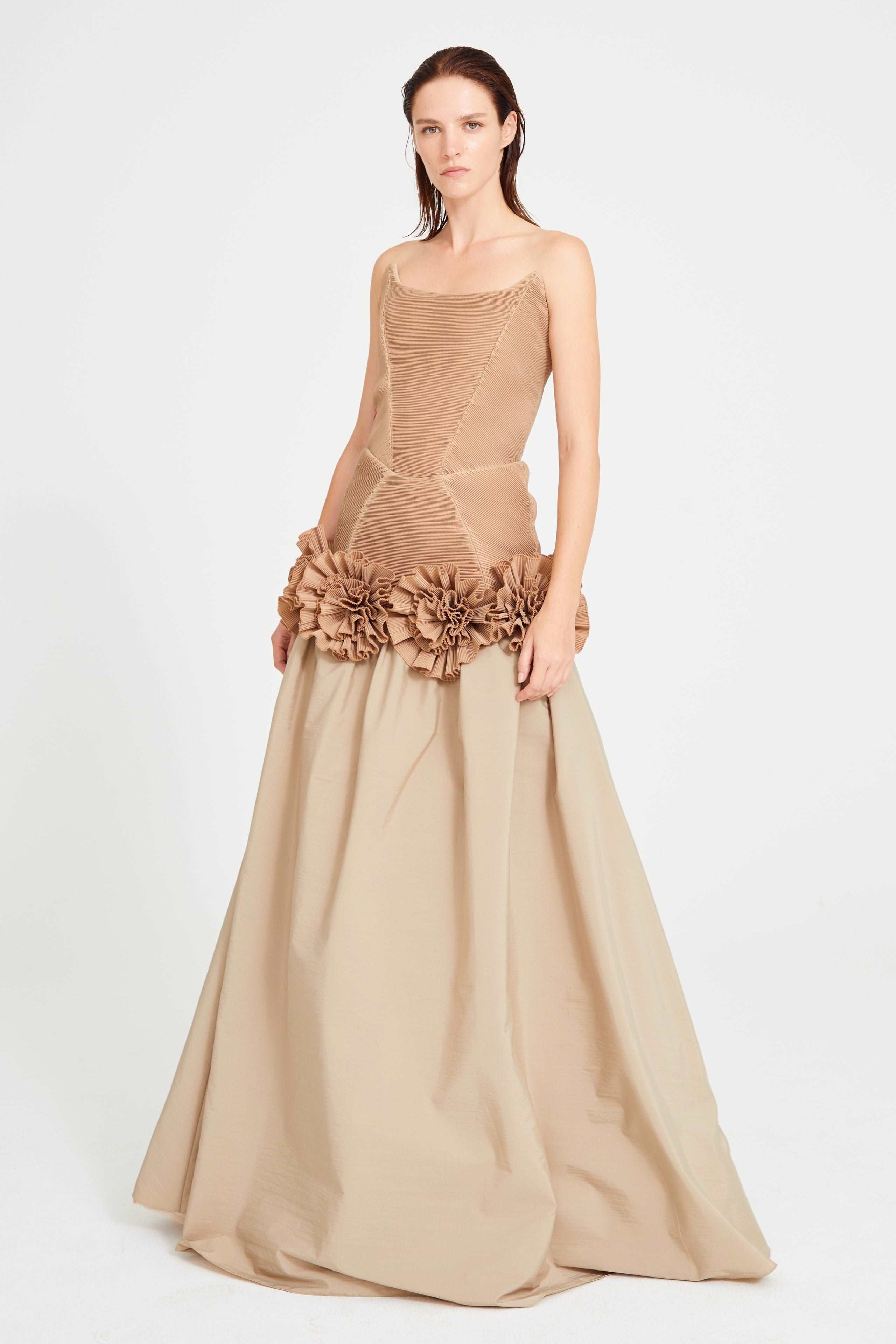 Beige Maxi Dress With Corset And Flower Details