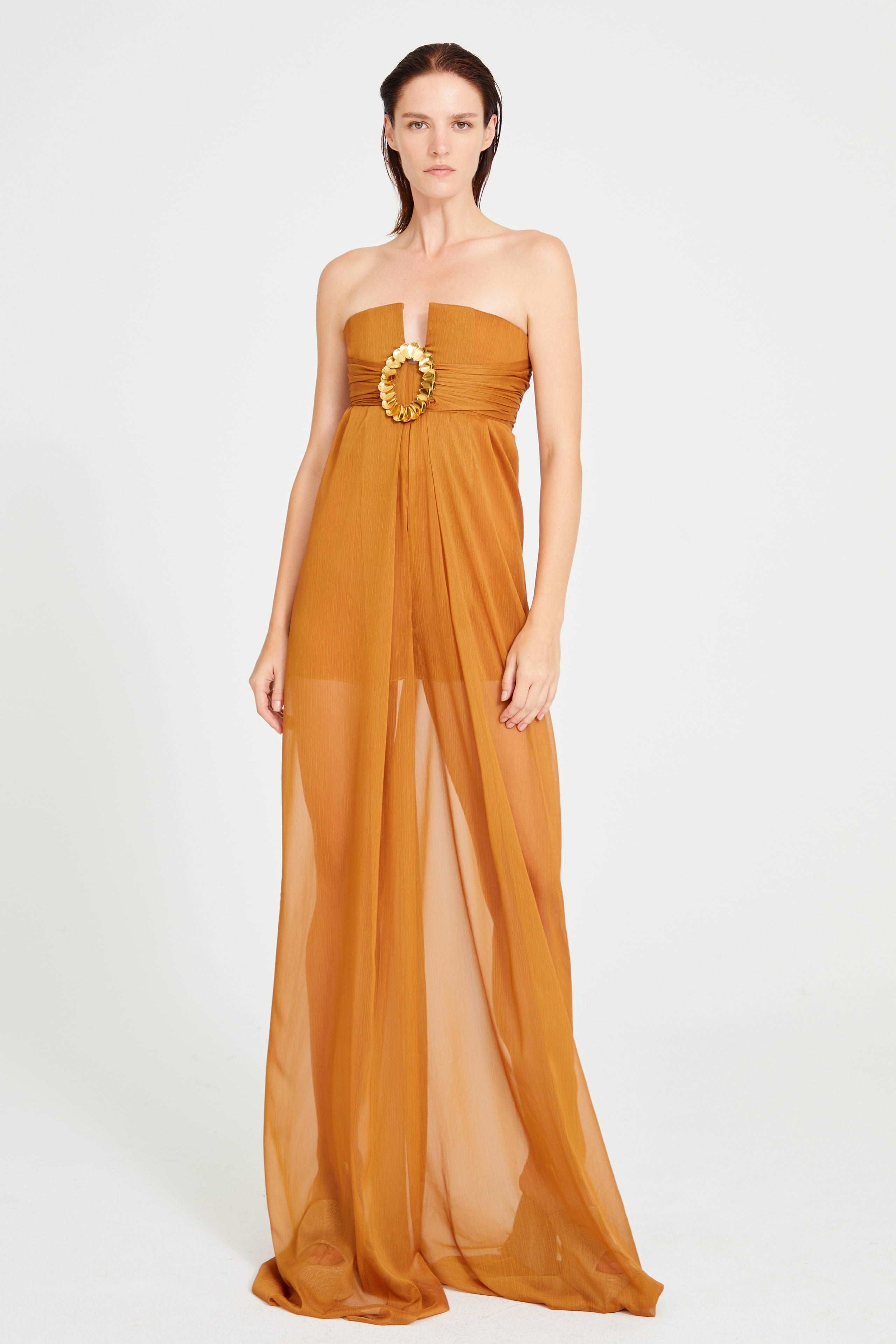 Cinnamon Strapless Jumpsuit With Inner Shorts And Sequin Details