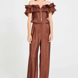 Brown Low Shouldered Top With Ruffle And Front Zipper Details