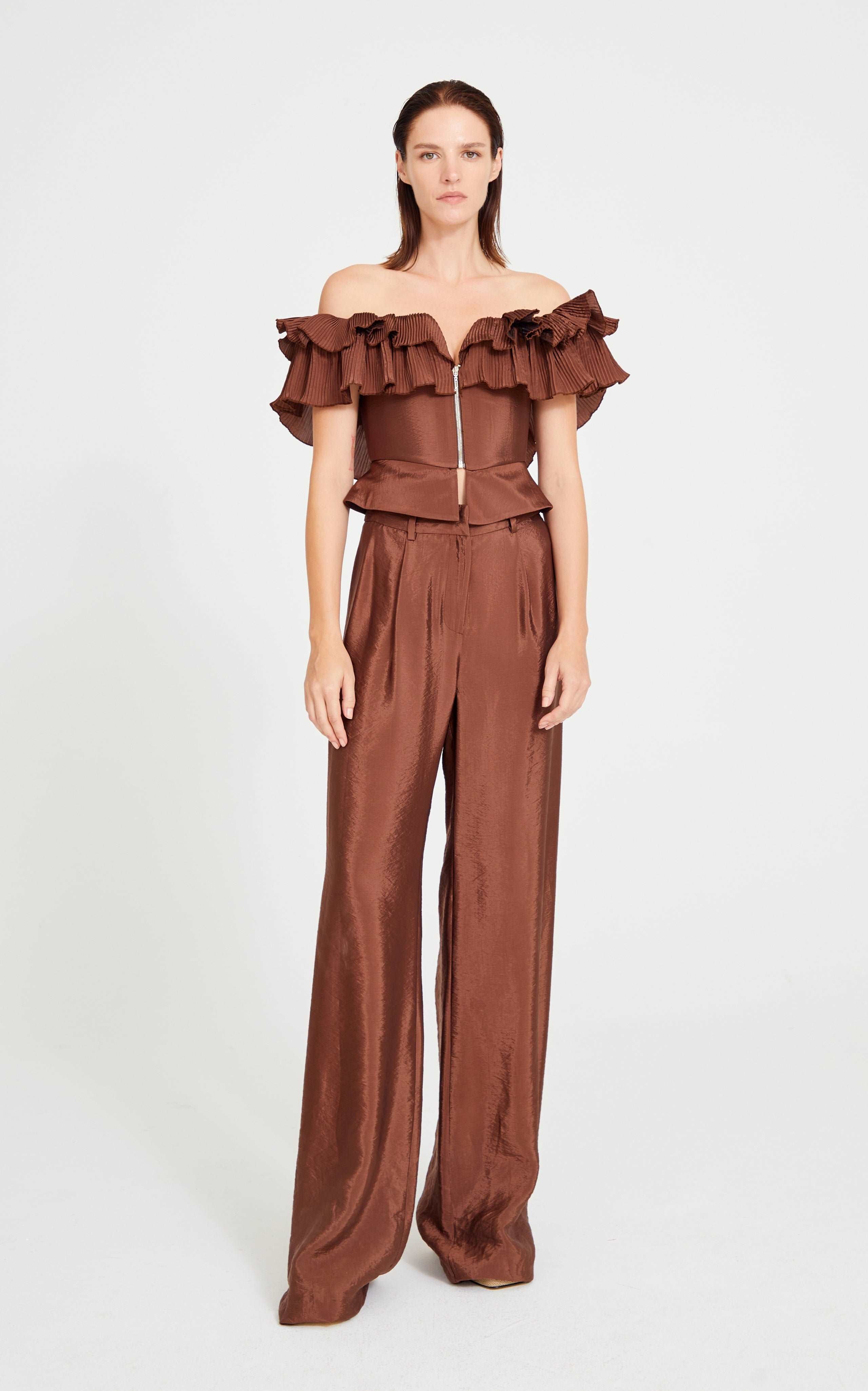 Brown Low Shouldered Top With Ruffle And Front Zipper Details