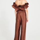 Brown Low Shouldered Top With Ruffle And Front Zipper Details