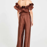 Brown Low Shouldered Top With Ruffle And Front Zipper Details