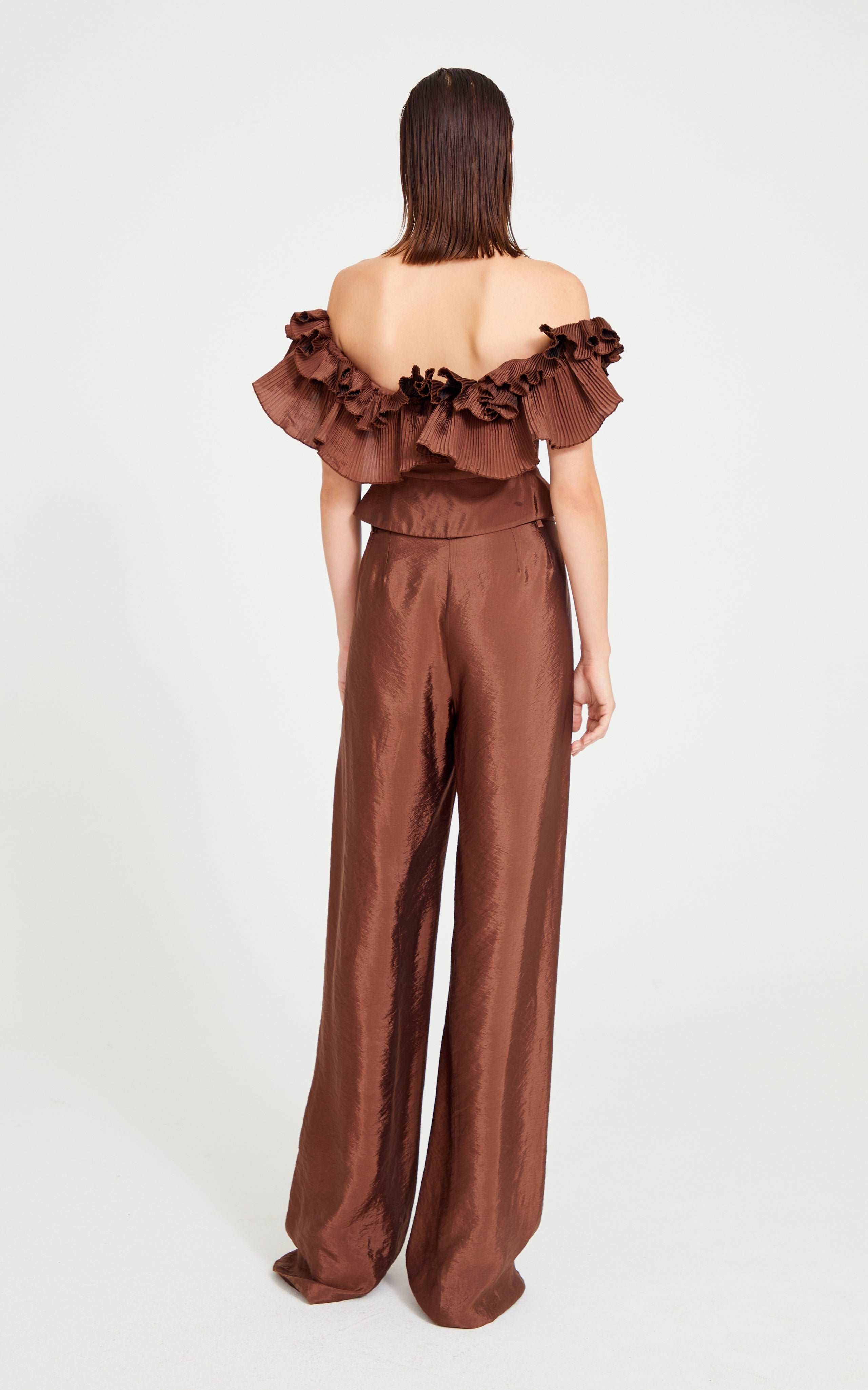 Brown Low Shouldered Top With Ruffle And Front Zipper Details