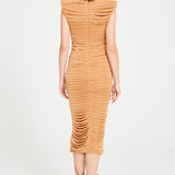 Tan Midi Dress With Padded Shoulders And Drape Details