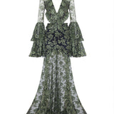 Ruffled V-Neck Lace Maxi Dress