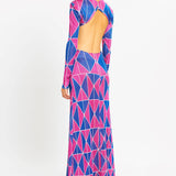 Long Sleeve Geometrical Print Cutout Maxi Dress