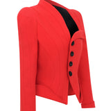 Red Crepe Asymmetric Neck Jacket With Black Stone Buttons