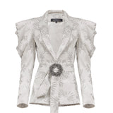 Leaf Embellished Ruffled Sleeve Jacket with Belt