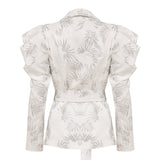 Leaf Embellished Ruffled Sleeve Jacket with Belt