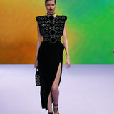 Crystal Embellishment Midi Dress With High Slit