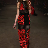 Red Velvet Maxi Dress With Black Geometric Cut-Out Details