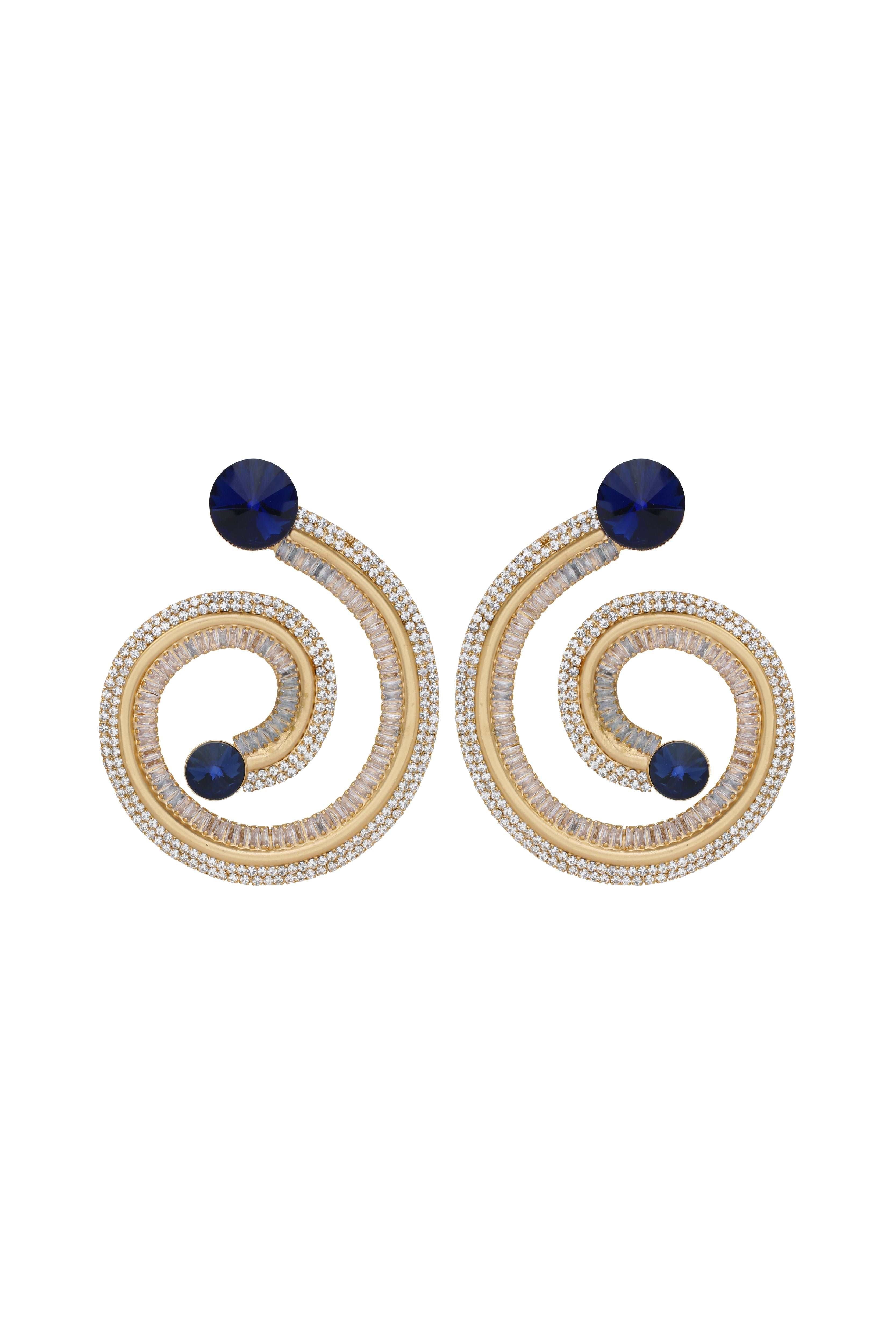 Blue Gold Crystal Detailed Rounded Earrings