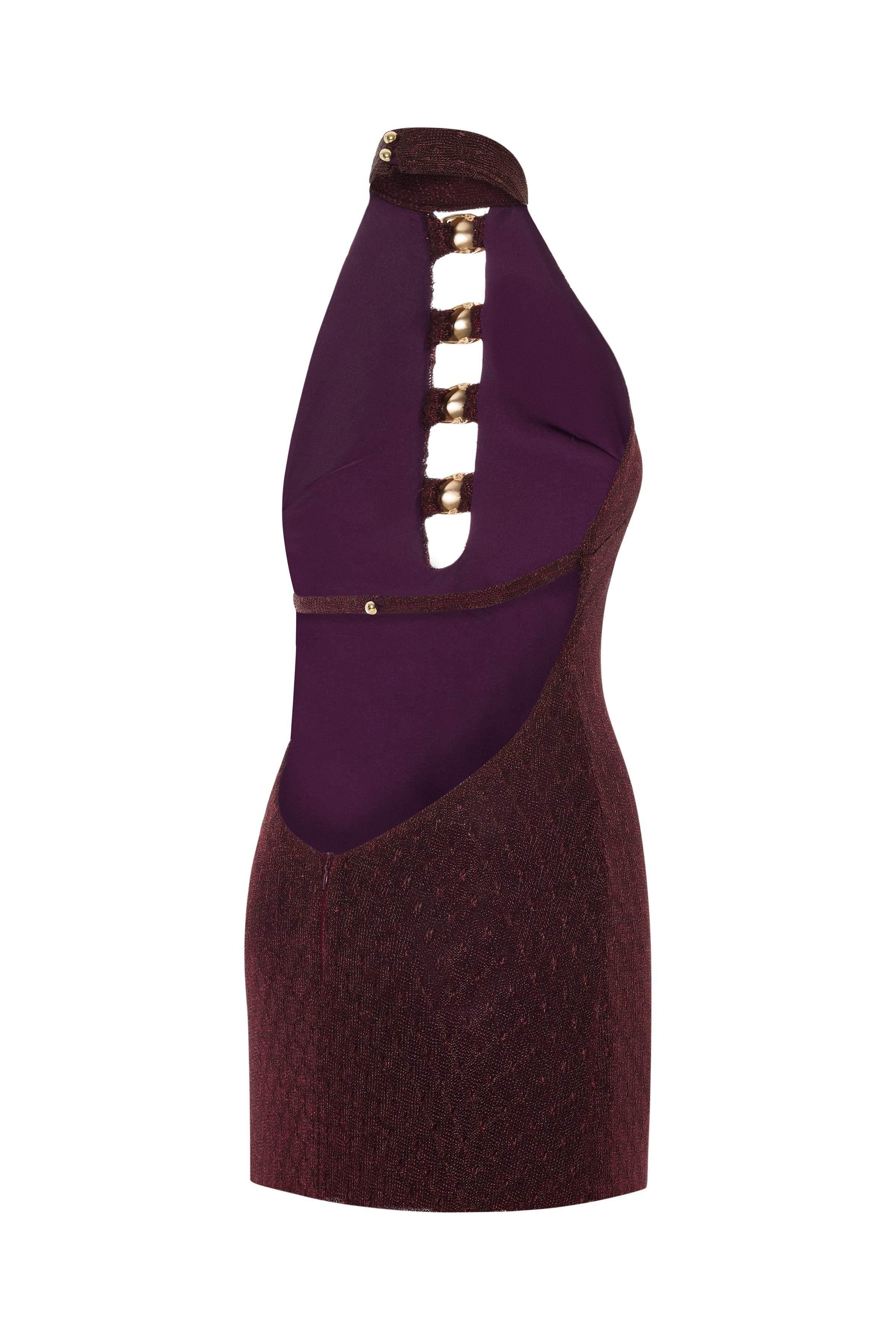 SS26-D-1020-36 raisa_vanessa knitted-burgundy-halter-neck-mini-dress-with-gold-metal-accessories