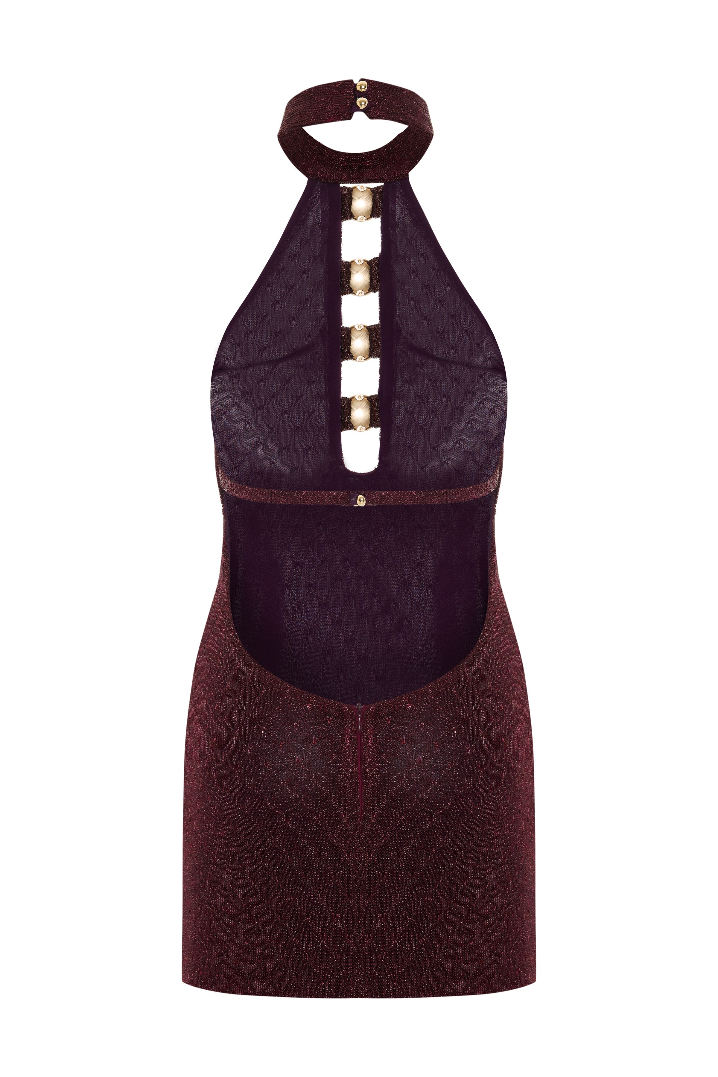 SS26-D-1020-38 raisa_vanessa knitted-burgundy-halter-neck-mini-dress-with-gold-metal-accessories