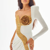 Gold and White Medusa Maxi Dress with High Slit and Rose Details