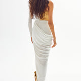 Gold And White Medusa Maxi Dress With High Sut And Rose Details