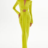 Lemon Buzzy Long Sleeve Maxi Dress with Shoulder Pads and Drape Details