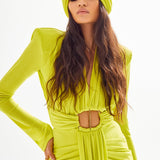 Lemon Buzzy Long Sleeve Maxi Dress with Shoulder Pads and Drape Details