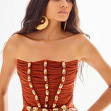 Strapless Terracotta Maxi Dress with High Slit and Gold Accessory Details